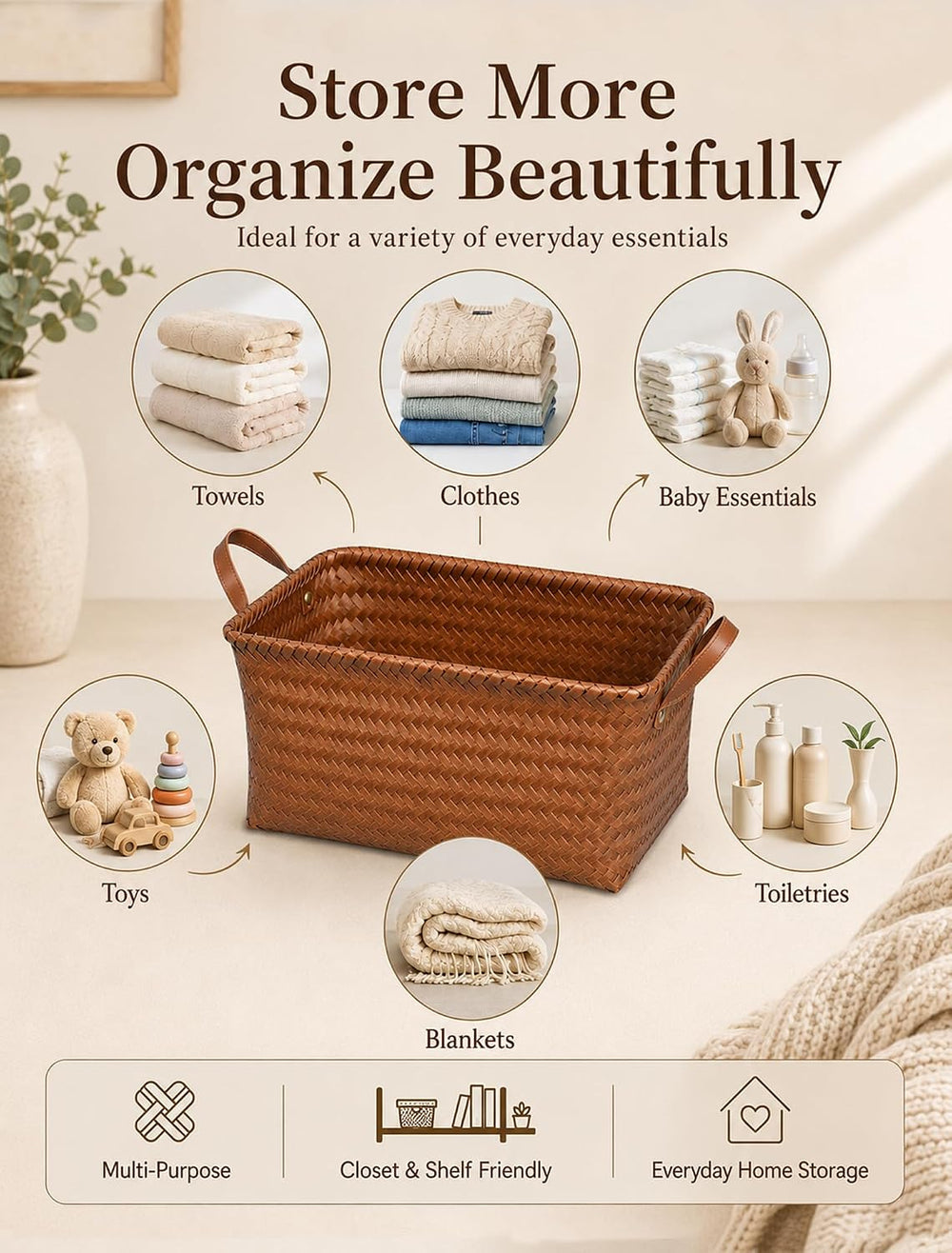 Wicker Storage Baskets, 4 Pack Woven Baskets for Shelves, Brown