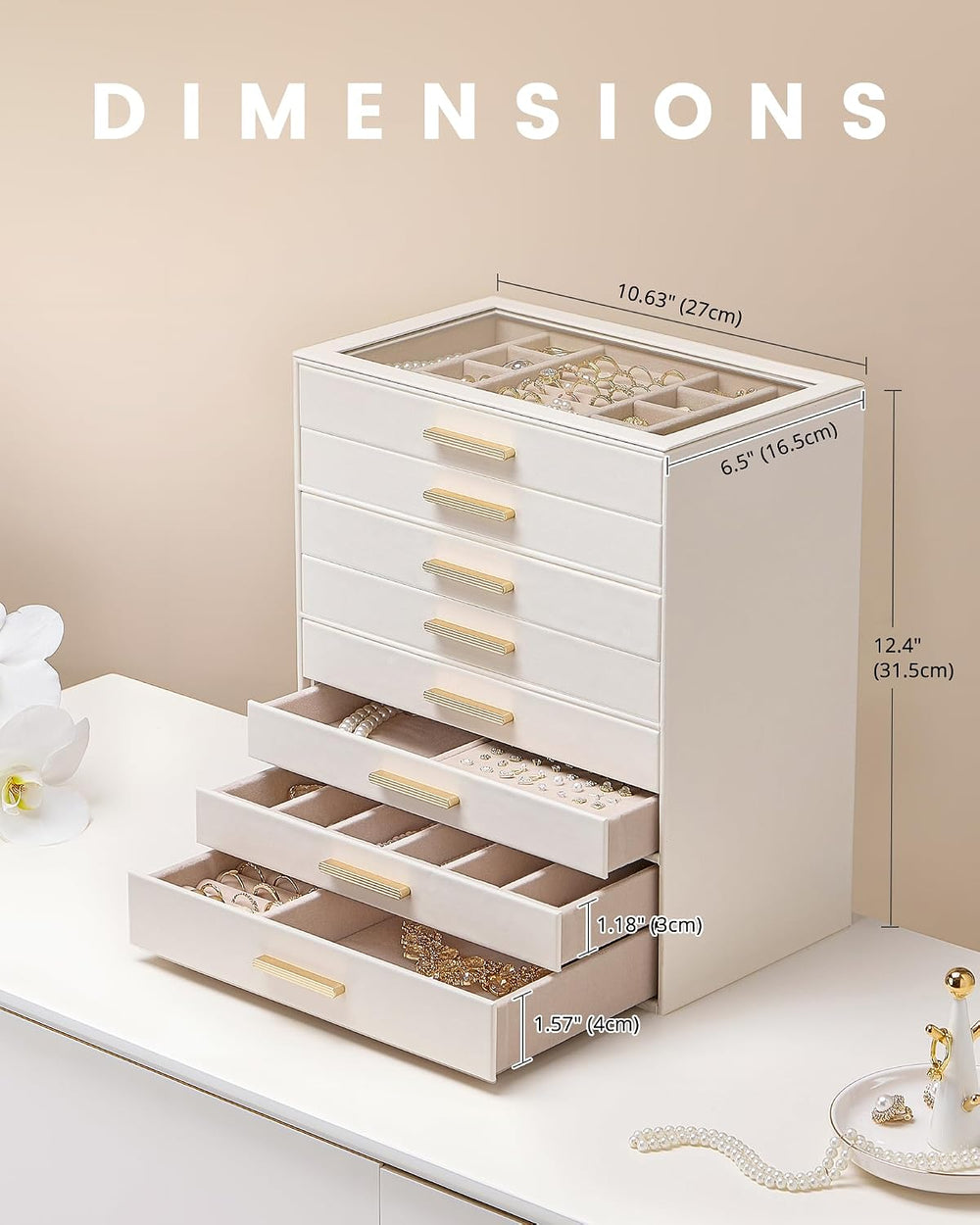 Lolalet Jewelry Box Organizer, 8-Layer Jewelry Storage Case -Beige