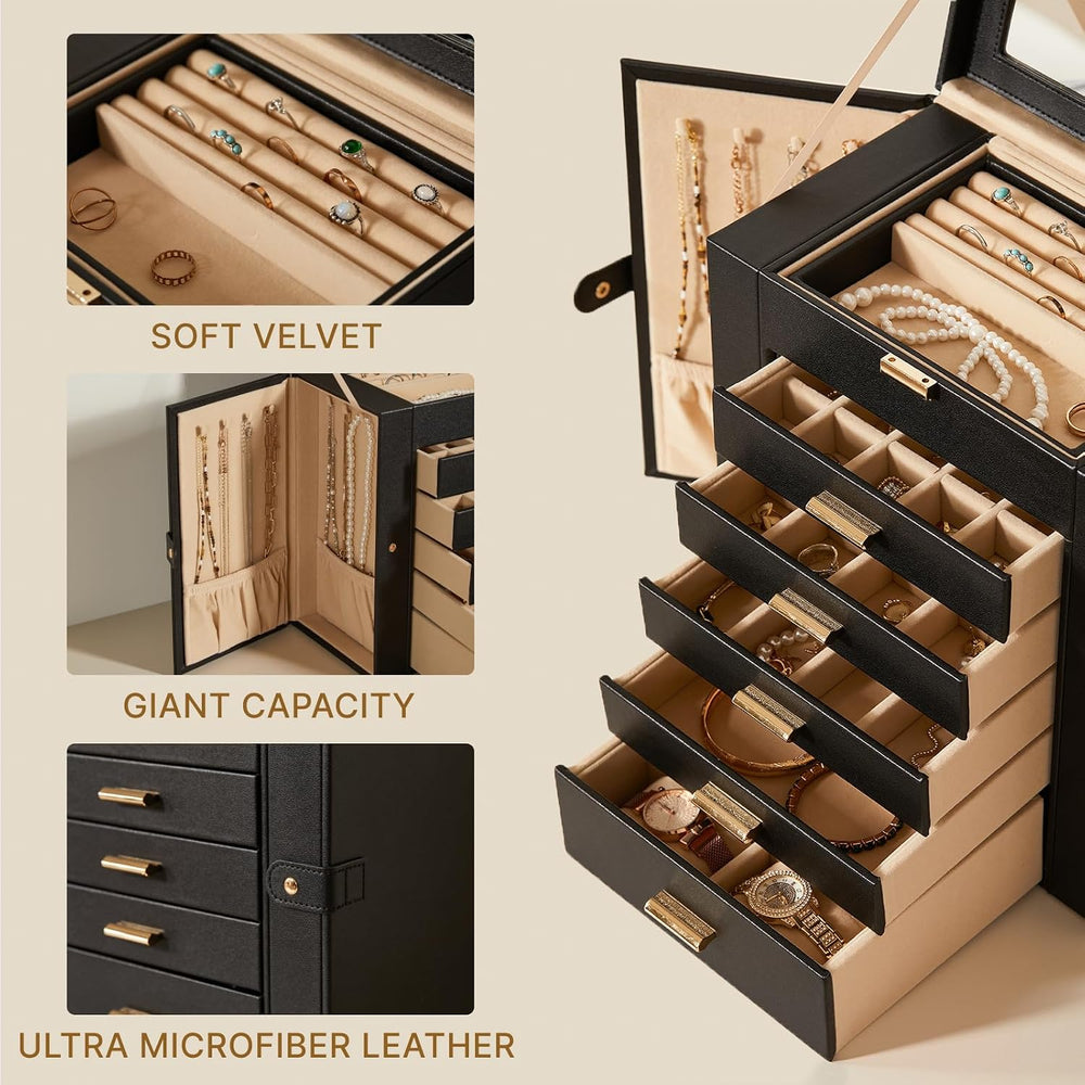 Large Leather Jewelry Box for Women, Mirror, 6 layer, Black