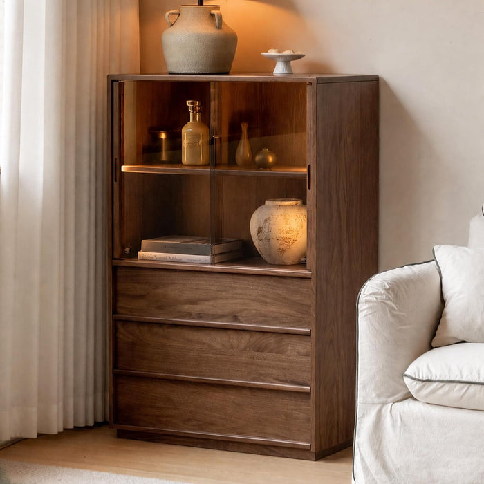 100% Solid Black Walnut Storage Cabinet with Dimmable LED, Glass Doors, Adjustable Shelves & Drawers - Tall Accent Cabinet, Floor-Standing Sideboard for Living Room, Dining Room, Kitchen