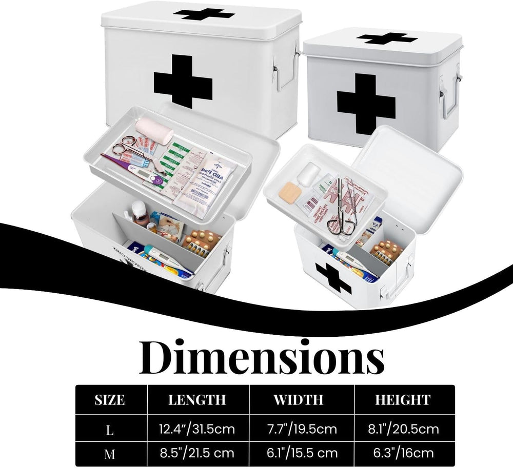 Flexzion Large Metal First Aid Box Empty, 13-Inch, White with Black Cross