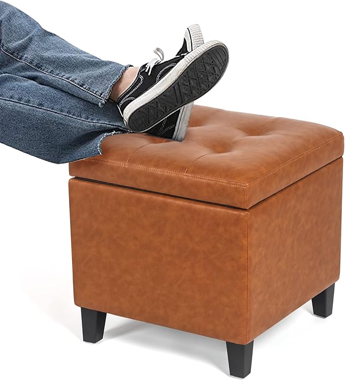 Adeco 17.7" Leather Cube Storage Orange Ottomans