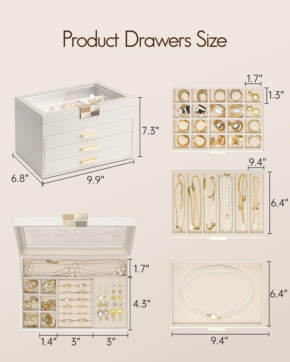 VLANDO Jewelry Box Organizer, 4-Layer Storage with Glass Window
