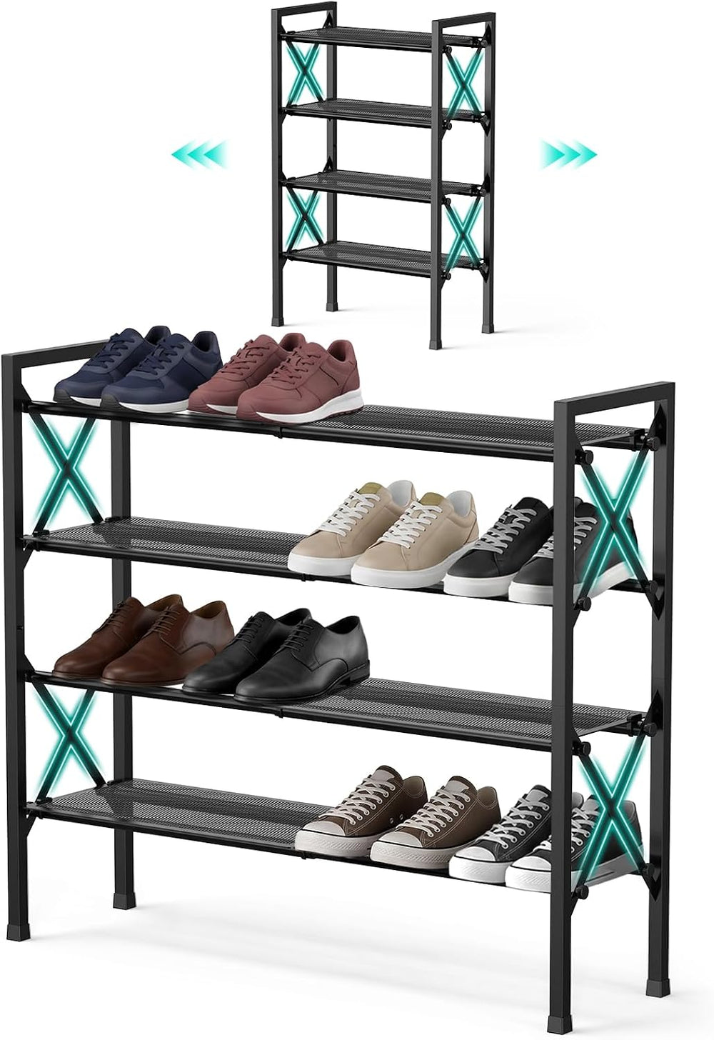 YEASHEIN 4-Tier Expandable Shoe Rack Organizer with Wire Mesh Shelf - Black