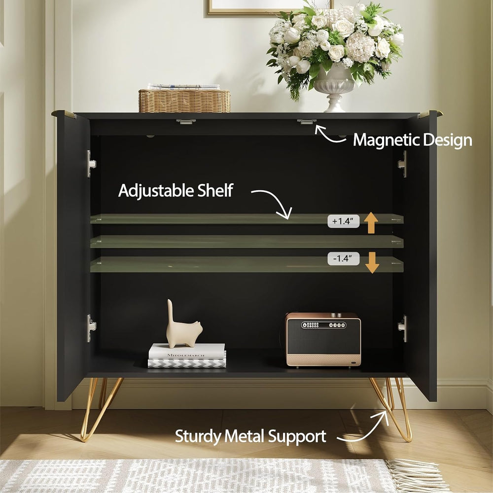 Storage Cabinet with 2 Fluted Doors and Adjustable Shelves, Black, 2pcs丨Moder...