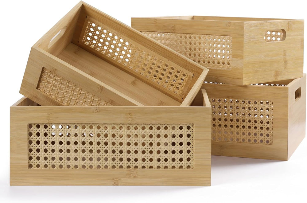 Rattan Wooden Box Set of 4 Handmade Decorative Storage Basket with Handles