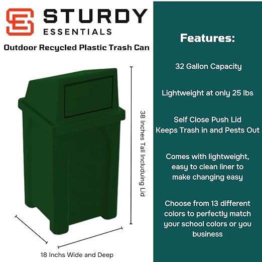 32 Gallon Square 100% Recycled Plastic Heavy Duty Outdoor Trash Can - Image 2