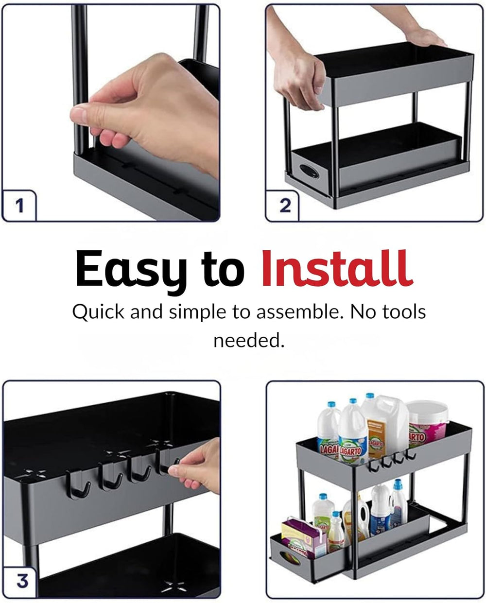 2 Tier Under Sink Organizer with Sliding Drawer, Pull Out Cabinet Storage Rac...