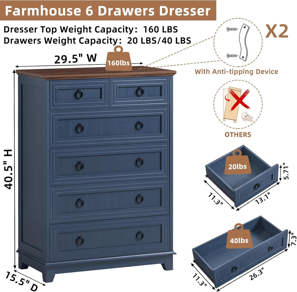 Joaxswe Farmhouse 6 Drawer Dresser for Bedroom Set of 2, 41" Tall Small ...