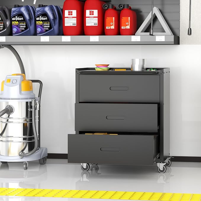 Metal Storage Cabinet with Wheels, Garage Storage Cabinet with 3 Drawers - Image 6