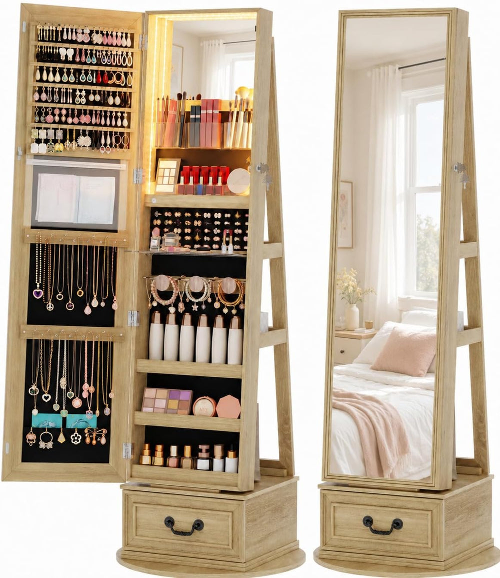 Vlsrka Mirror Jewelry Cabinet Standing with Lights, Lockable, Swivel, Wood