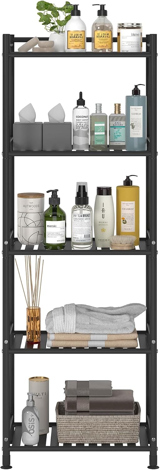 5 Tier Bathroom Storage Open Shelf Unit, Free-Standing Metal Corner Rack Shel...