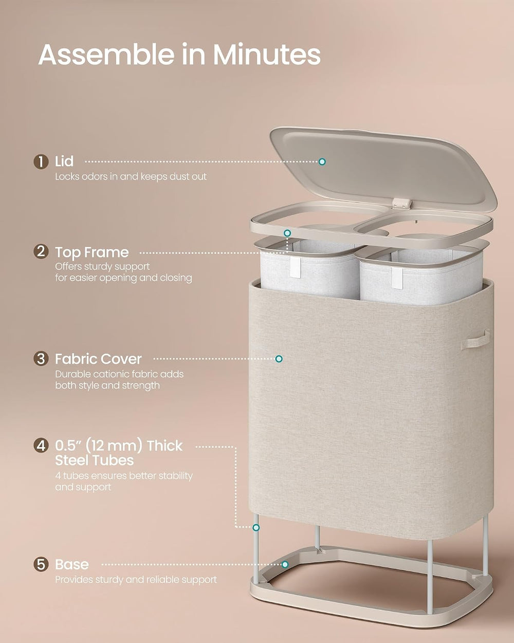 SONGMICS Laundry Hamper with Lid, 160L Double Laundry Basket, Steel Frame