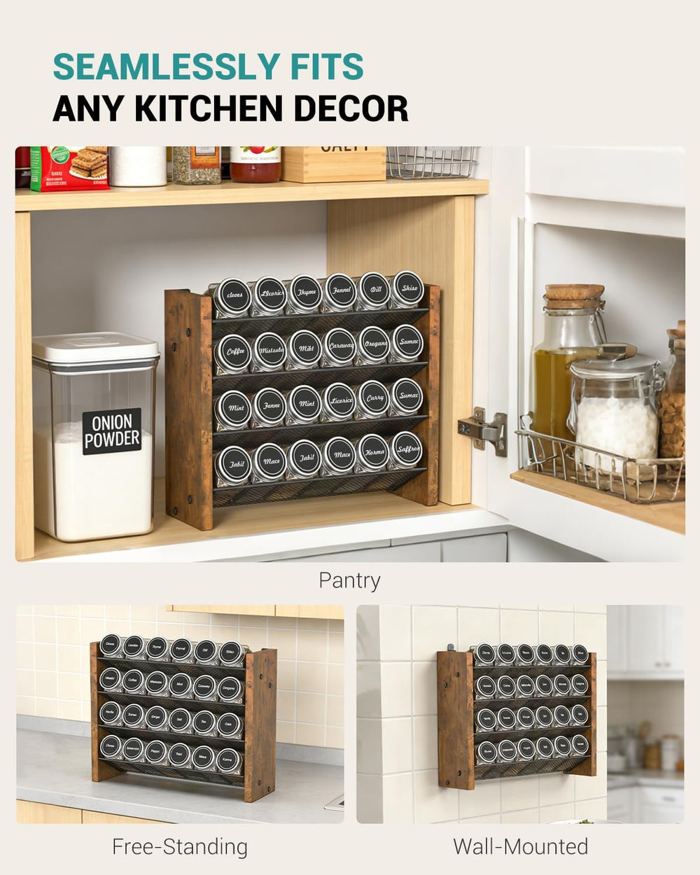 Spice Rack Organizer with 24 Glass Jars, for Cabinet Wall Mount Countertop