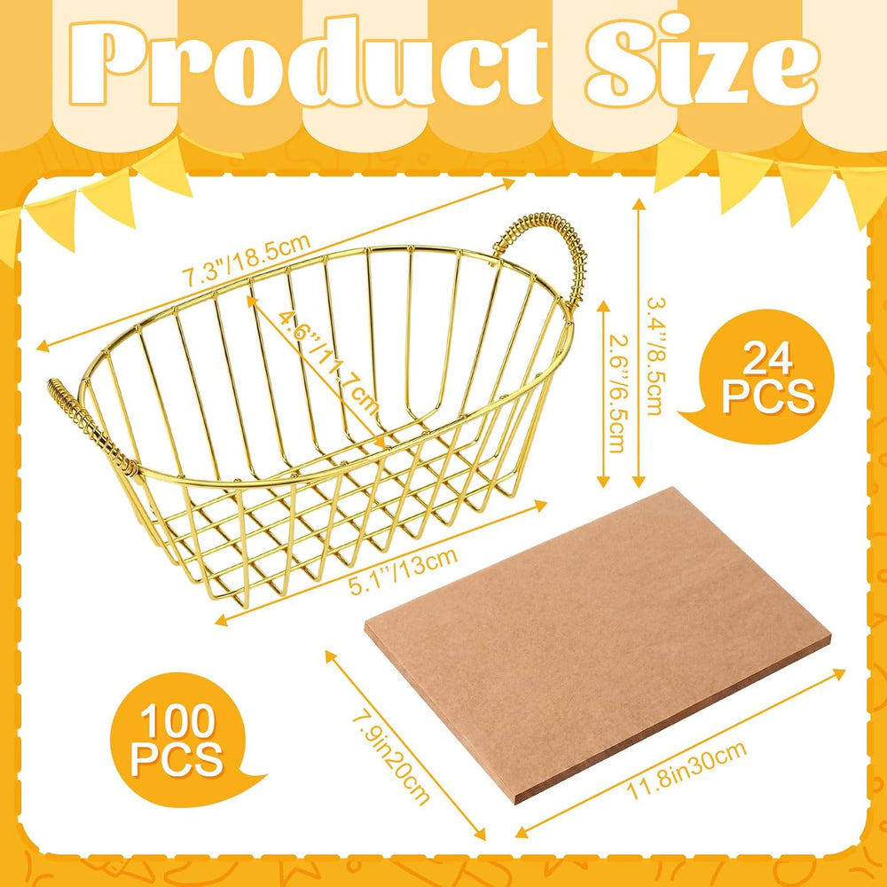 24 Pack Gold Metal Wire Fast Food Baskets Bulk with 100 Food Blotting Sheet
