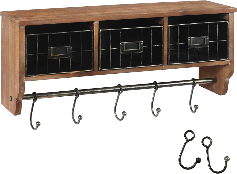 BizChair Wall Mounted Storage Rack - Rustic Brown Solid Pine Wood - 24 Inch -...