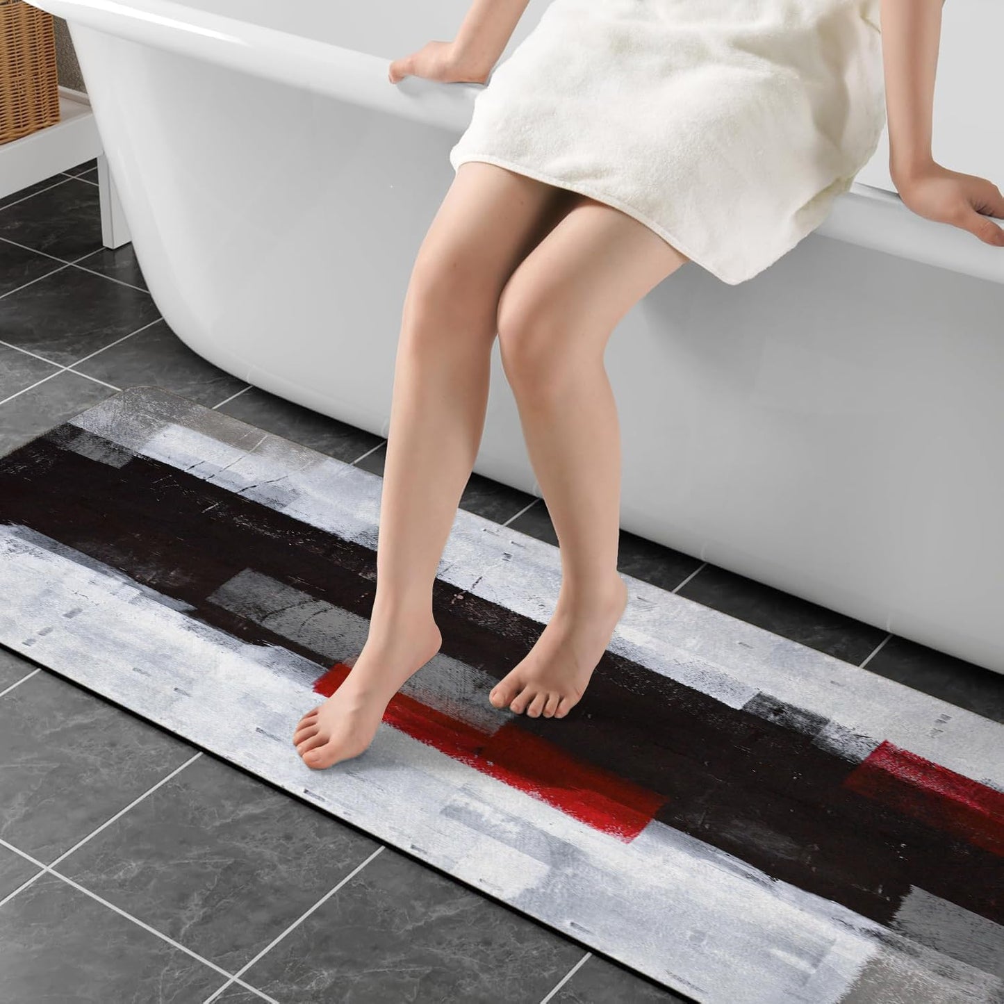 Extra Long Bath Runner Rug, Black and Grey Red Abstract Art, Non Slip with Rubber Backing, Thin Absorbent Quick Dry, Bath Mats for Bathtub Bathroom, 15.7x47.2 Inch
