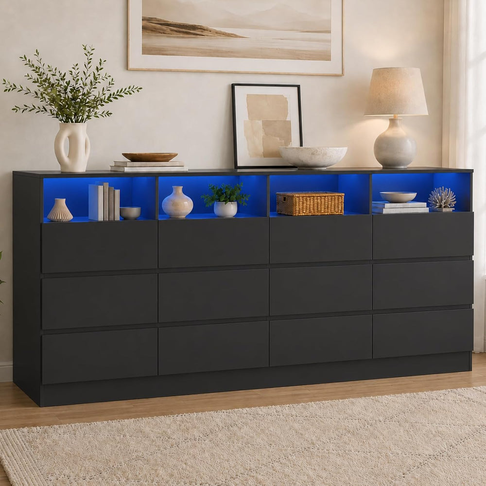 63" 6-Drawer Dresser with Divided Compartments, Power Outlet & LED L...