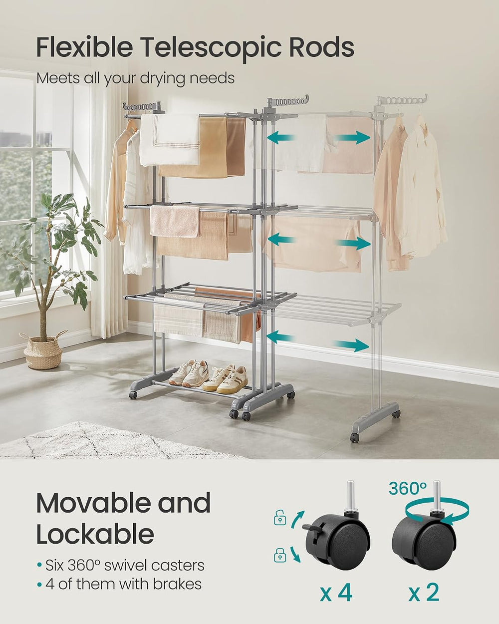 SONGMICS 4-Tier Clothes Drying Rack, Foldable, Rolling, 69.9-Inch Tall