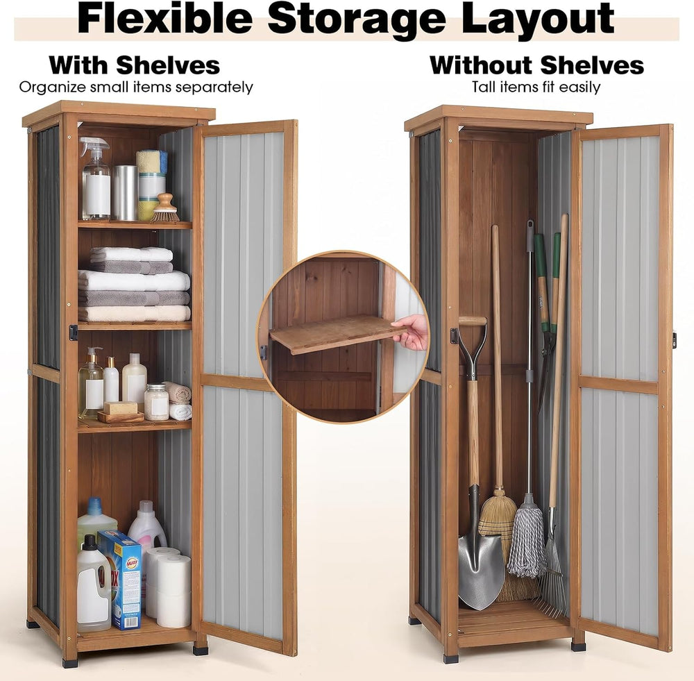 62" H Tall Narrow Outdoor Storage Cabinet with Metal Top, Outdoor Shed S...