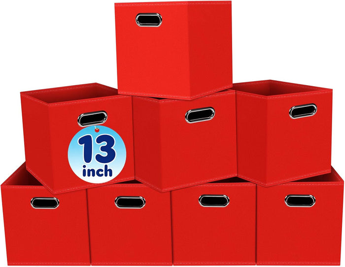 Fabric Cubby Storage Bins,13x13x13 Inches,Cube Organizer Bin Foldable Storage Boxes with Dual Handles Fabric Organizer Box and collapsible Storage basket,Set of 8,Red
