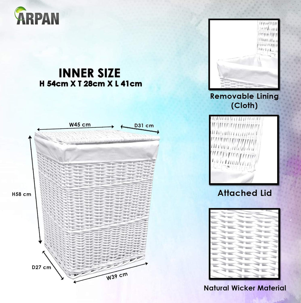 ARPAN Large Wicker Laundry Basket with White Lining, 32LX45WX59H