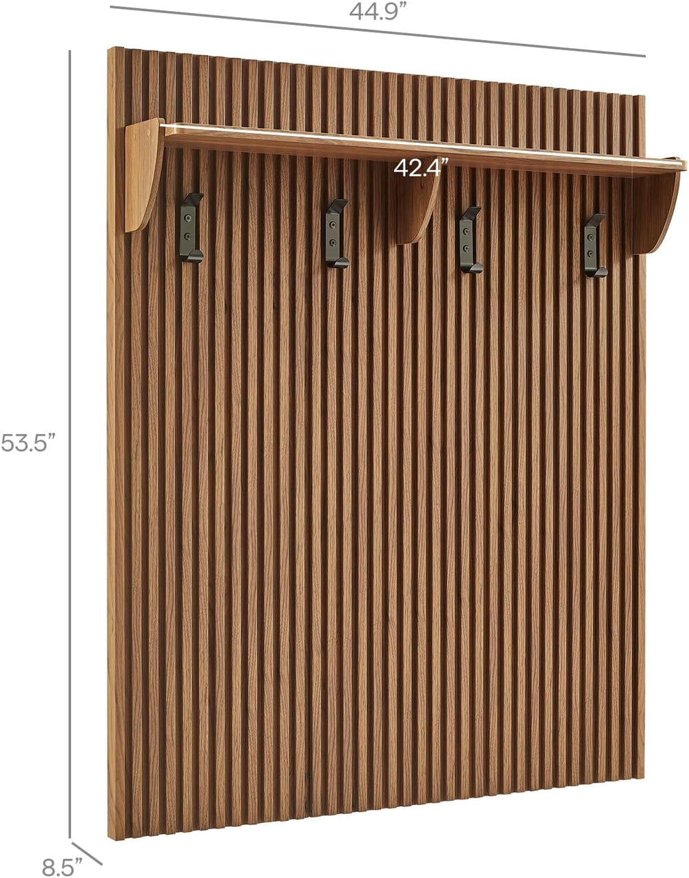 Modway Render Modern Fluted Wood Coat Rack Panel in Walnut with Shelf and Hoo...
