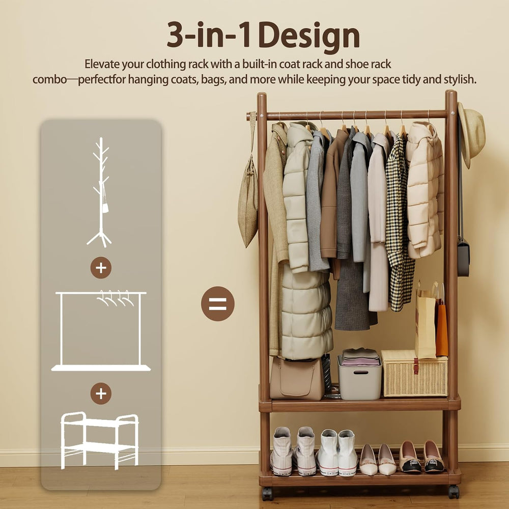Solid Wood Clothing Rack with Wheels, Garment Rack Shelves, 31.5" Walnut