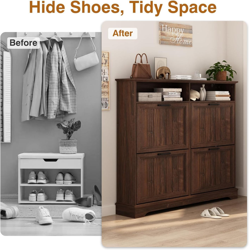 Hidden Shoe Storage Cabinet with 4 Flip Drawers & Open Storage