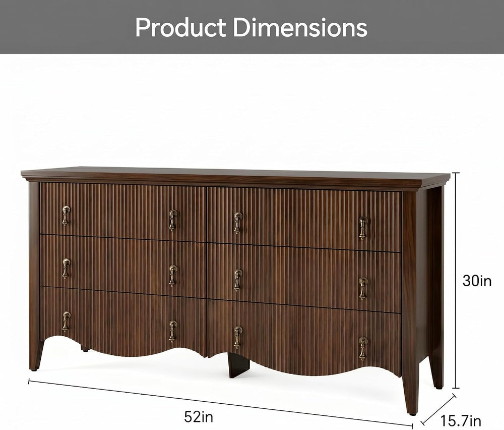 FUSUNBAO 6-Drawer Fluted Dresser, 52" Wide Double Chest of Drawers,Walnut