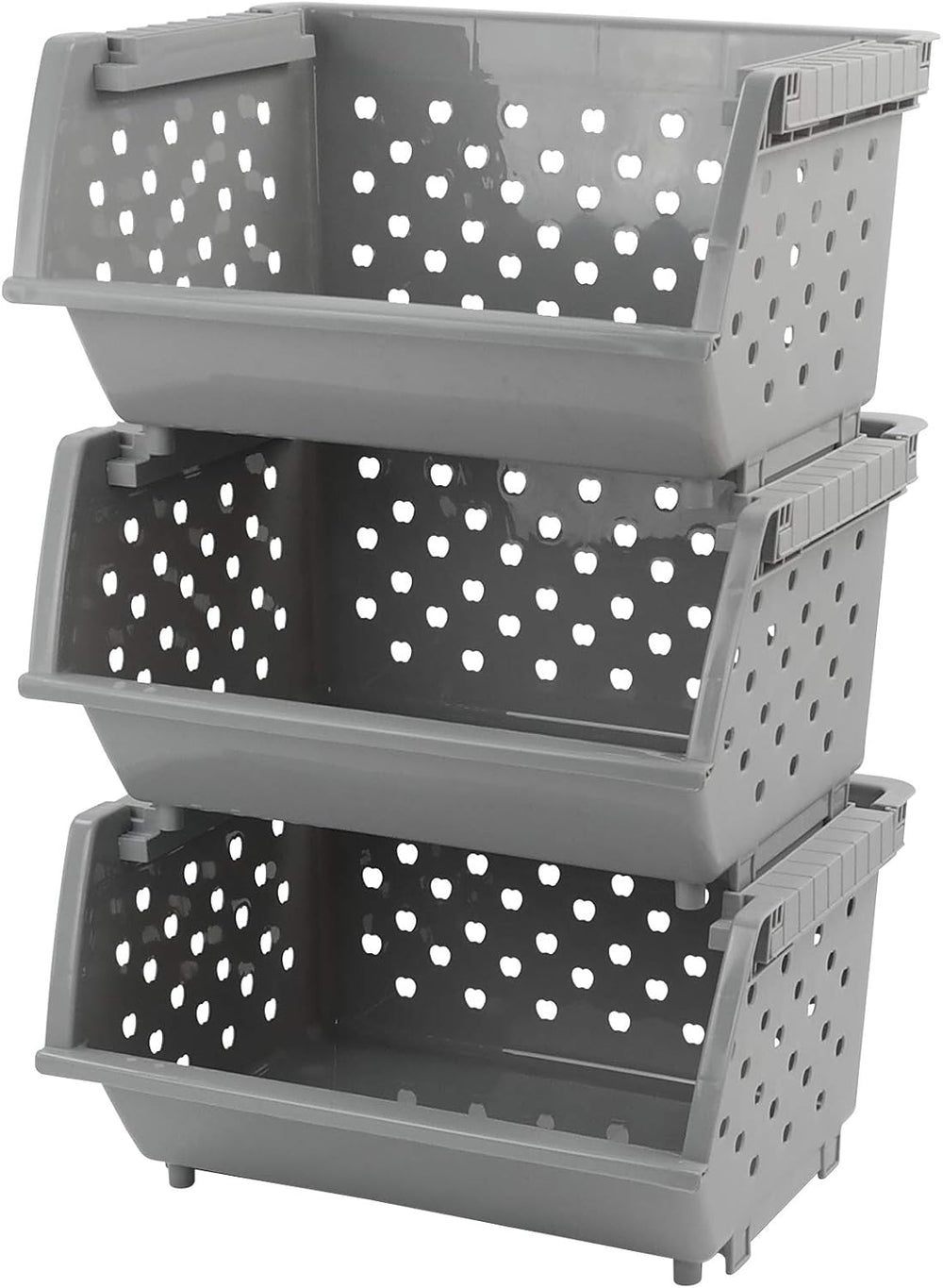 3 Pack Stacking Open Front Storage Bins, Gray Stackable Basket