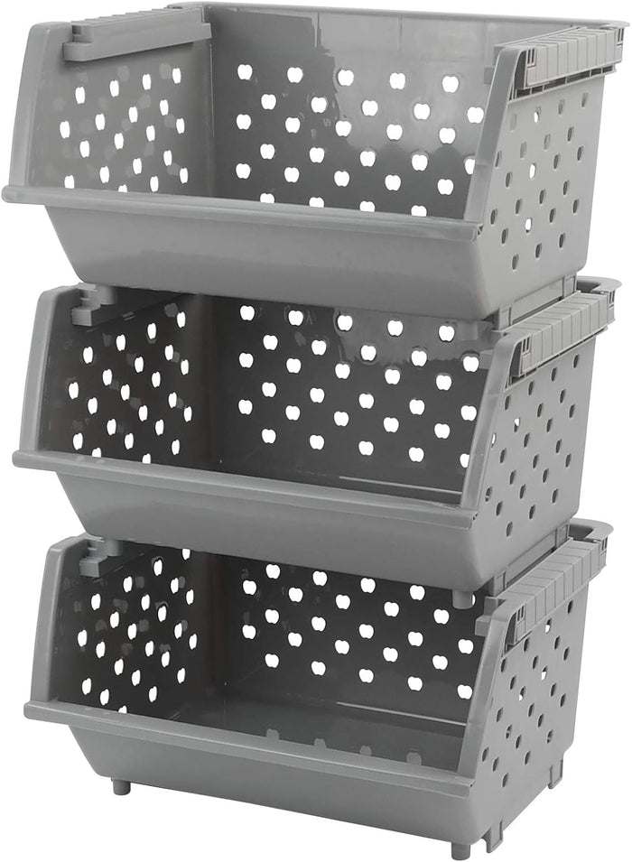 3 Pack Stacking Open Front Storage Bins, Gray Stackable Basket