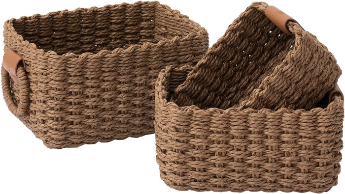 La Jolíe Muse Woven Storage Baskets, Recycled Paper Rope Bin Organizer Divider for Cupboards Drawer Closet Shelf Dresser, Set of 3 (Chocolate)