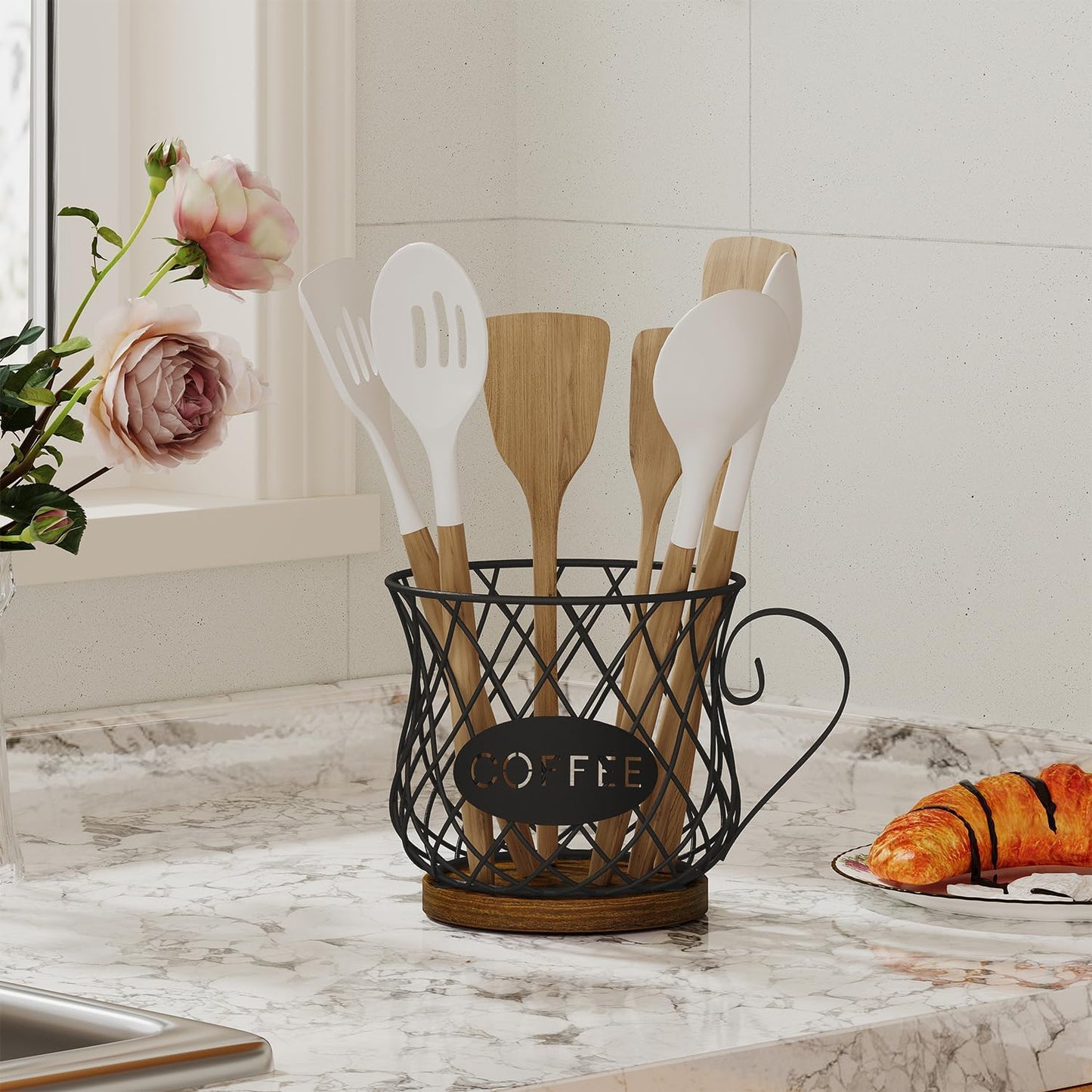 YINMIT K Cup Holder Organizer, Rustic Coffee Pod Holder Organizer, 35 Kcup Holder for Counter with Handle,Large Capacity Black Wire Coffee Capsule Basket for Kitchen Office Desktop (Circular Grid)