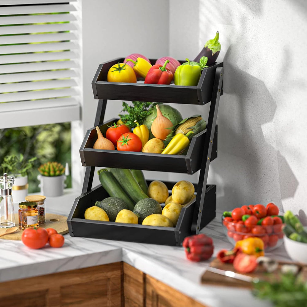 G.a HOMEFAVOR 3-Tier Fruit Basket for Kitchen Counter, Black, Self-assembly