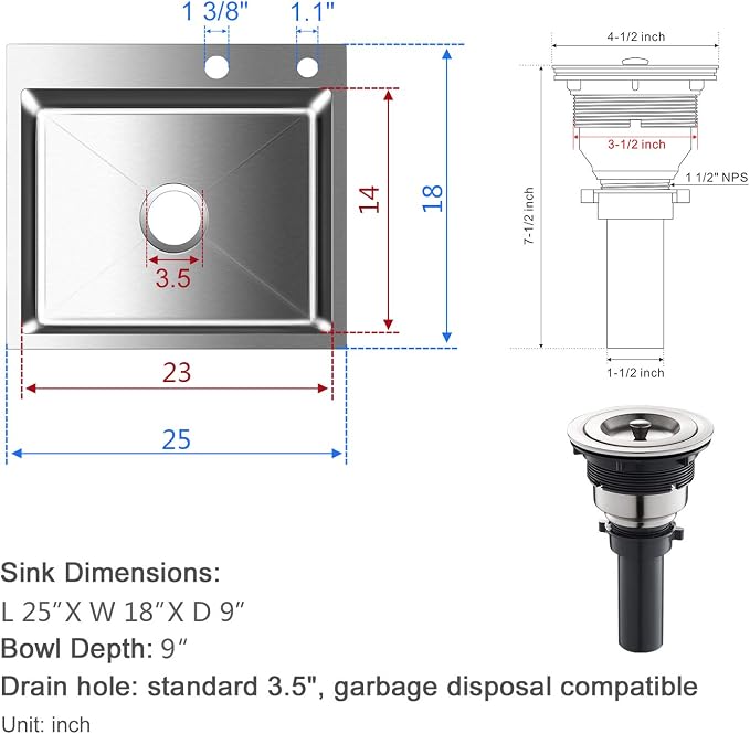 25x18 Inch Kitchen Sink Drop in, Premium T-304 Grade Stainless Steel Sink - Image 7