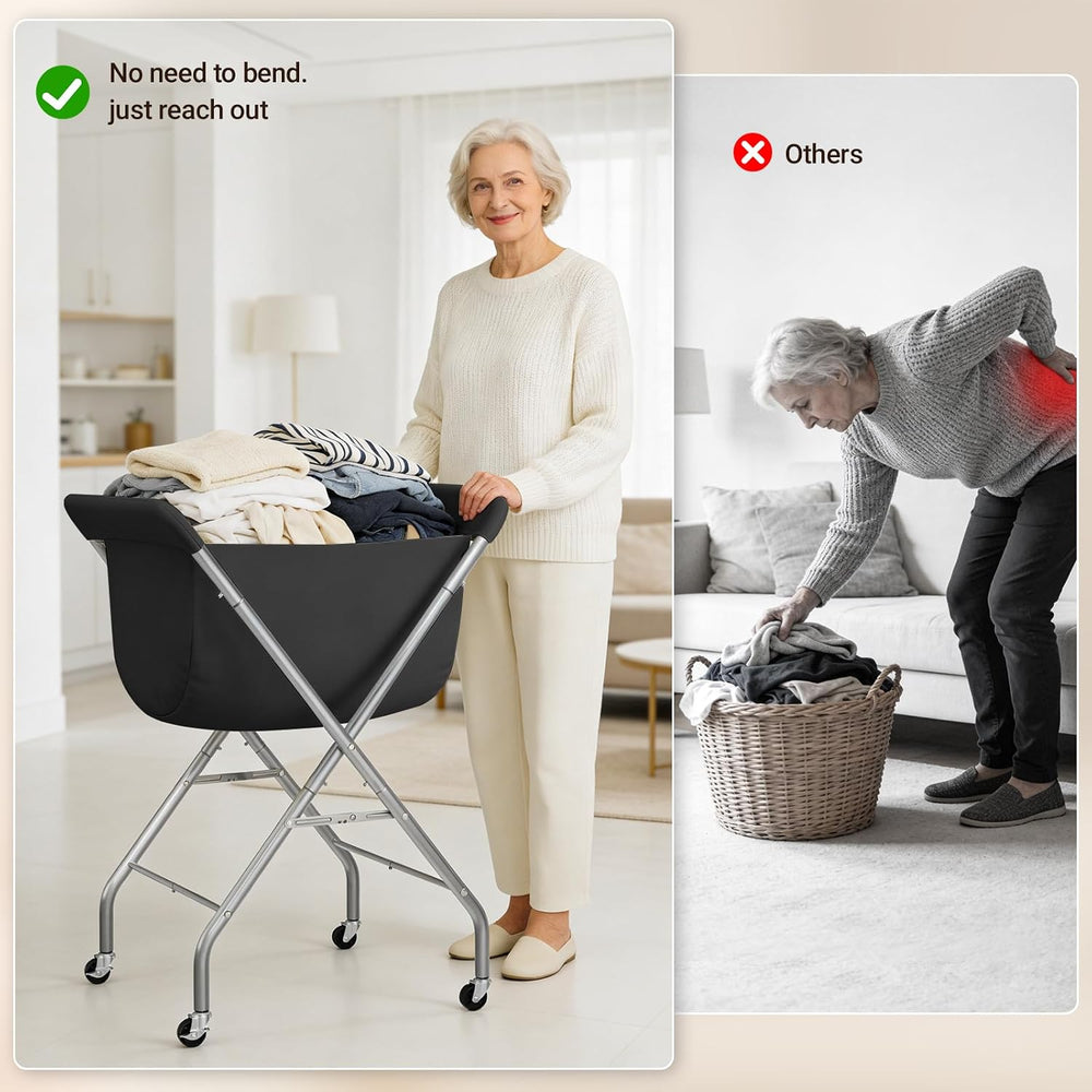 ELYKEN Laundry Basket with Wheels, Collapsible Laundry Hamper, Black