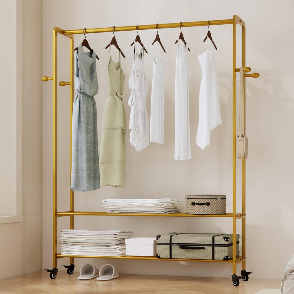 Gold Rolling Garment Rack with Shelves and Hooks,Freestanding Metal Clothing ...