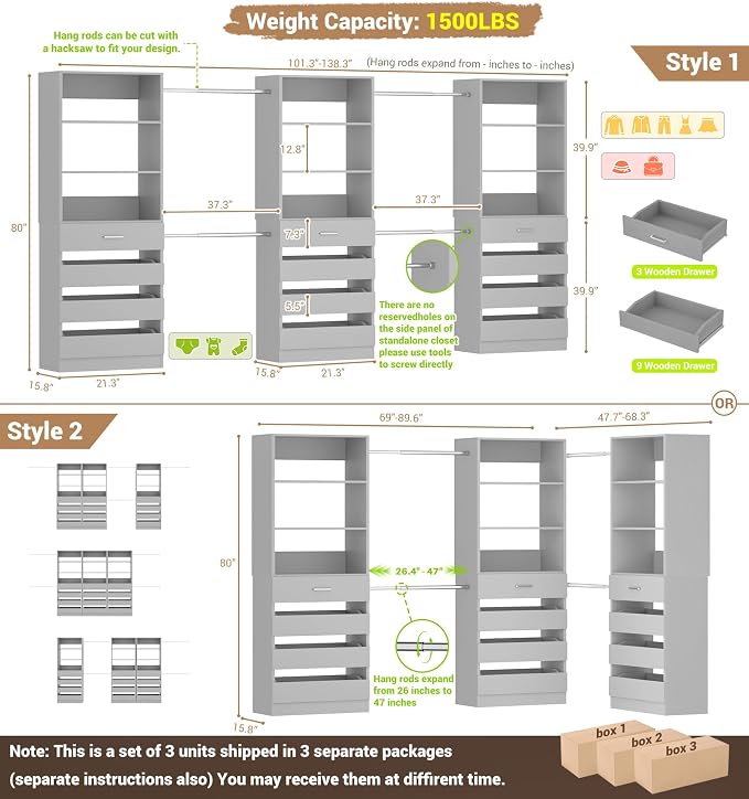 Aheaplus Closet System with 12 Drawers, 8.5-11.5Ft Wood Closet Organizer System - Image 7