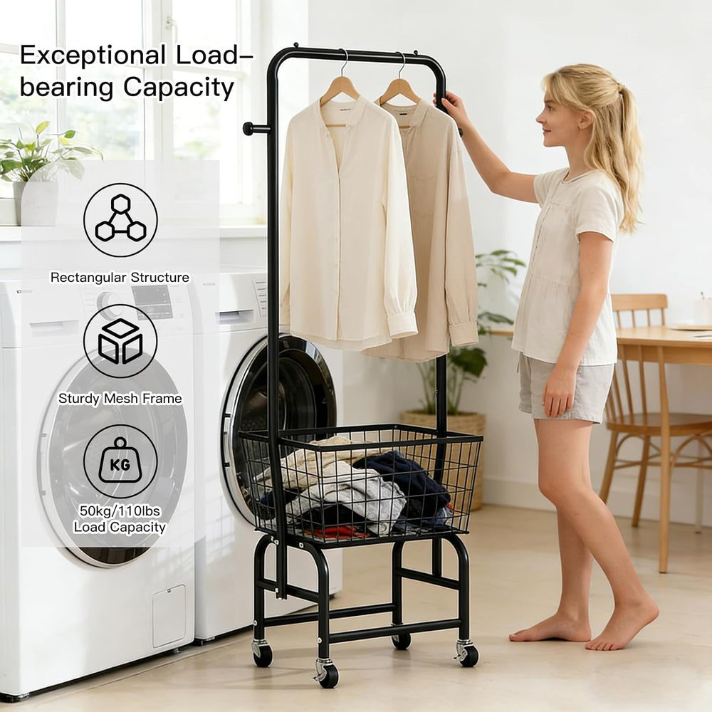 Rolling Laundry Cart with Hanging Rack Metal Laundry Basket with Wheels Laund...