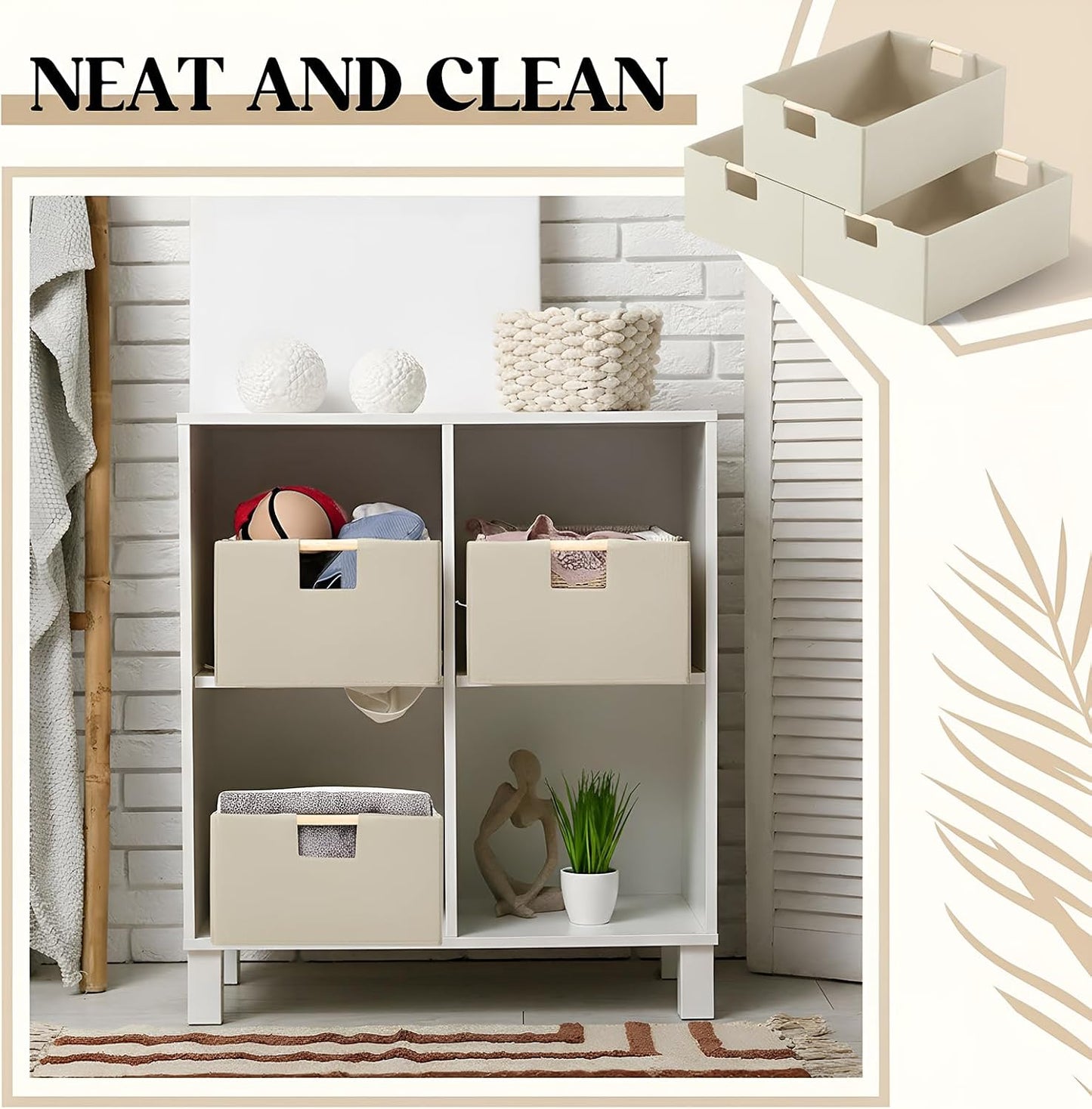 Cinnvoice 3 Pack Fabric Storage Bins for Closet Shelves, 15 x 10.6 x 6 Inch Beige Rectangle Wardrobe Organizer with Handle, Collapsible Shelves Storage Basket for Sorting Clothes and Toy
