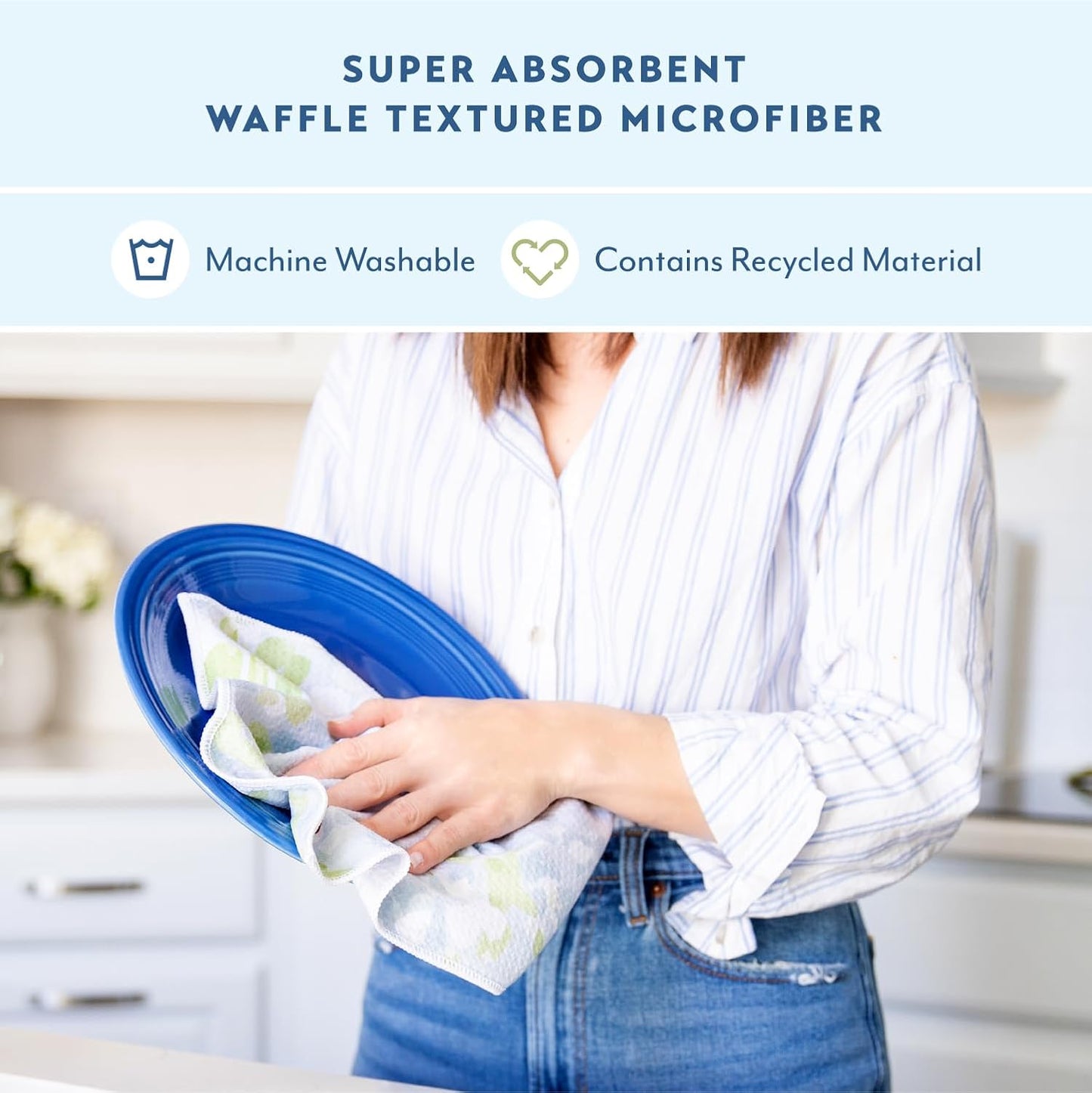 Microfiber Kitchen Dish Towel Set, Quick-Dry & Absorbent Waffle Weave Cleaning Towels, Set of 4 Kitchen Towels, Paper Towels Alternative (Magnolias & Stripe)