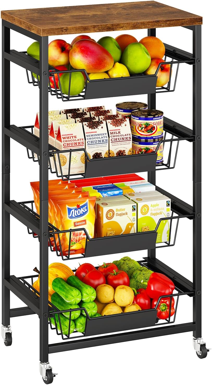 IBUYKE Metal Kitchen Storage Cart,Utility Cart with Drawers,Brown TLJ026H