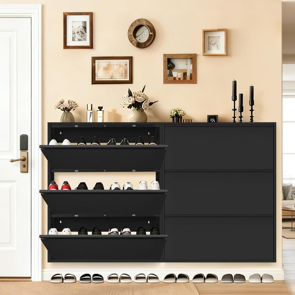 Shoe Storage Cabinet with 3 Flip Drawers, Hidden Slim Narrow Shoe Rack Cabine...