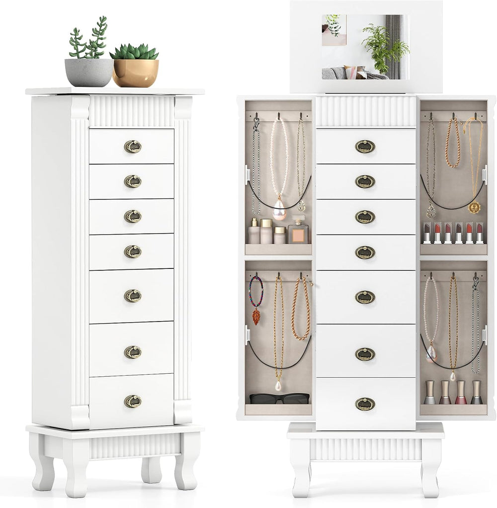 GIANTEX Standing Jewelry Cabinet with 7 Drawers, Flip-Top Mirror, White