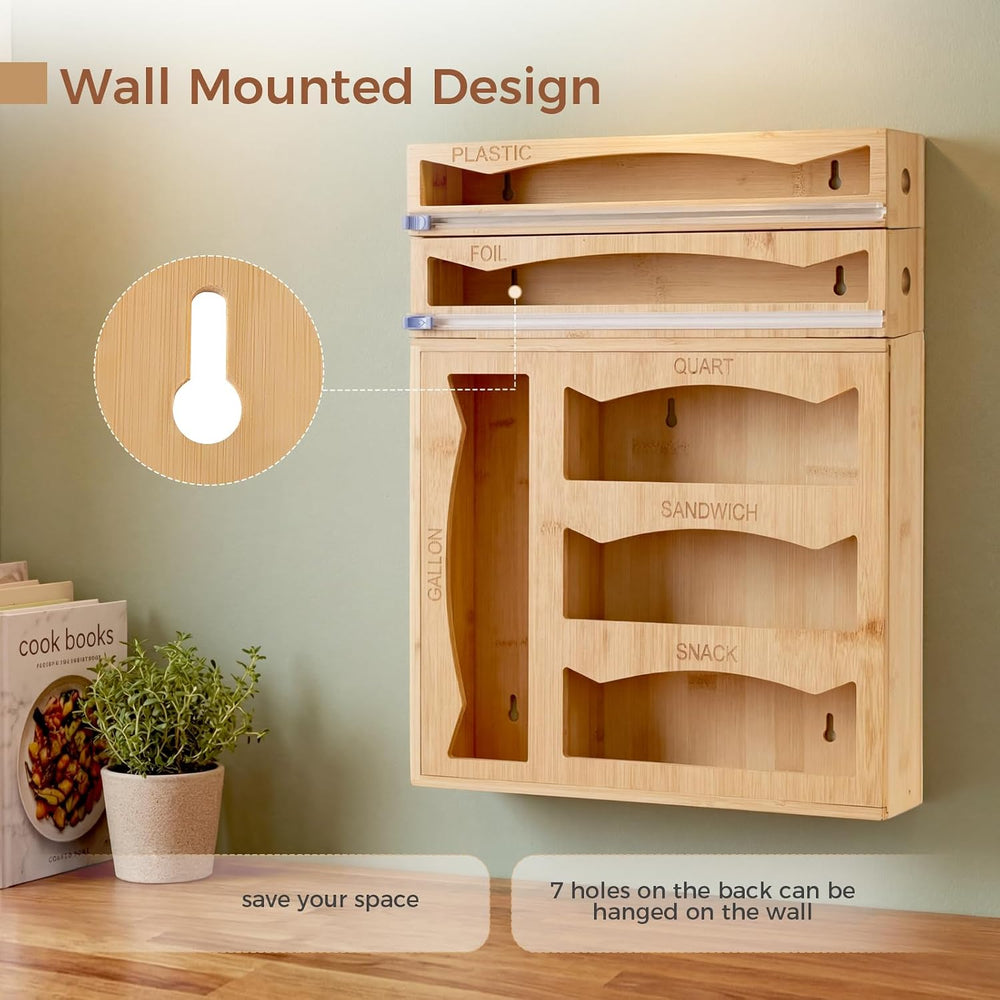 6-in-1 Bamboo Kitchen Drawer Organizer for Storage Bag, Foil & Plastic Wrap