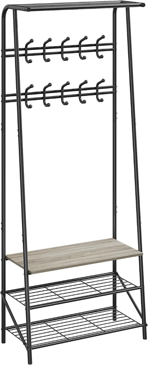 4-In-1 Hall Tree Coat Rack Shoe Bench with 5 Hooks & 4-Tier Shelf, Metal ...