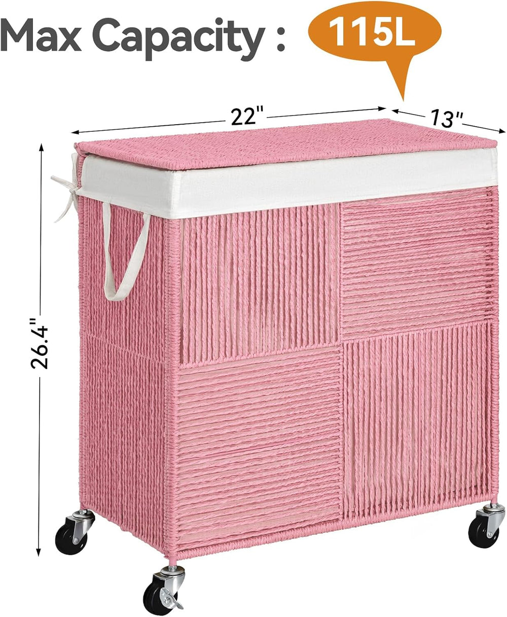 WOWLIVE Double Laundry Hamper with Wheels, Handwoven Rolling Laundry Basket