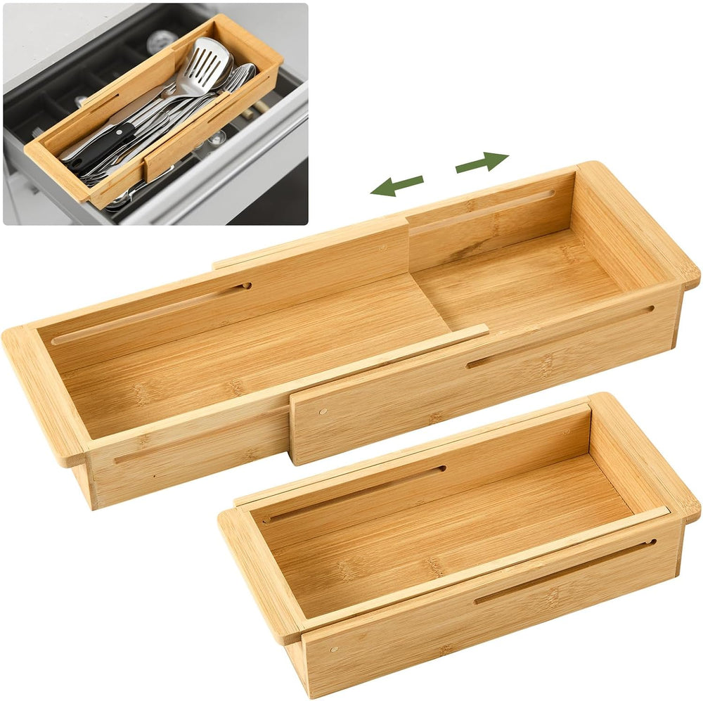 LemonRoad 2 Pcs Sliding Drawer Organizer 12.4-17.7 Inch Bin Bamboo Drawer Exp...