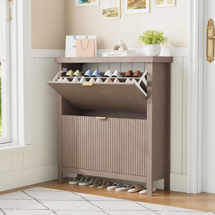 Fluted Shoe Cabinet with 2 Flip Drawers, Slim Entryway Storage
